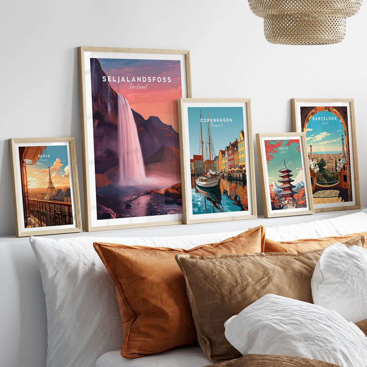 Seljalandsfoss Poster Iceland Wall Art displayed in a stylish home setting with other travel-themed frames.