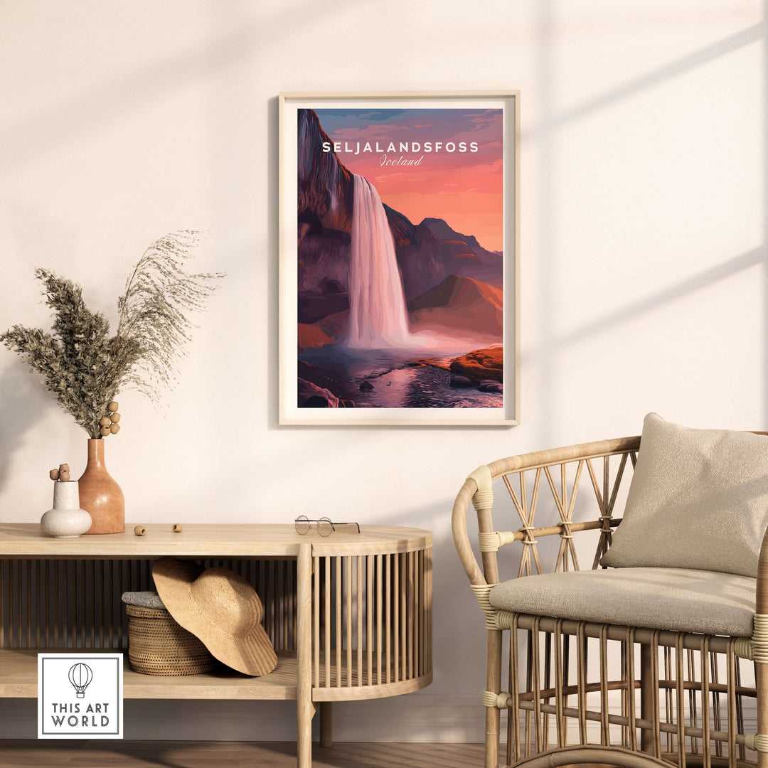 Seljalandsfoss Poster Iceland Wall Art featuring a vibrant waterfall scene in a modern living room setting.