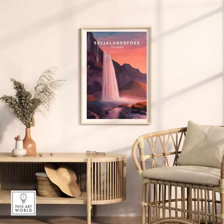 Seljalandsfoss Poster Iceland Wall Art featuring a vibrant waterfall scene in a modern living room setting.