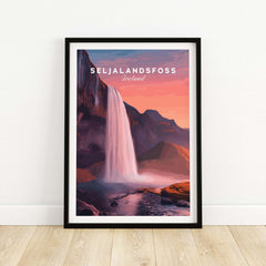 Seljalandsfoss Poster Iceland Wall Art featuring a vibrant depiction of the iconic waterfall in a stylish frame.