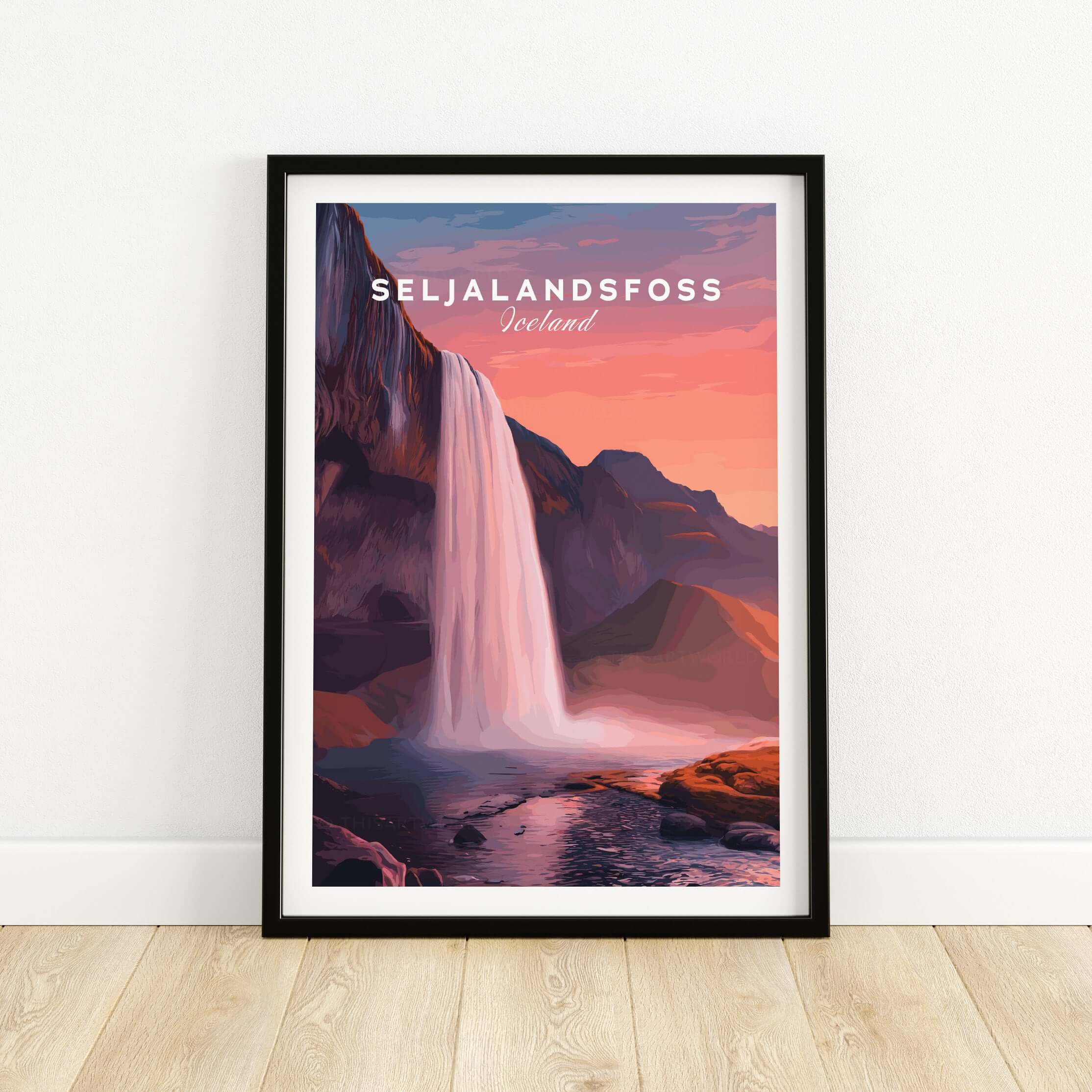 Seljalandsfoss Poster Iceland Wall Art featuring a vibrant depiction of the iconic waterfall in a stylish frame.