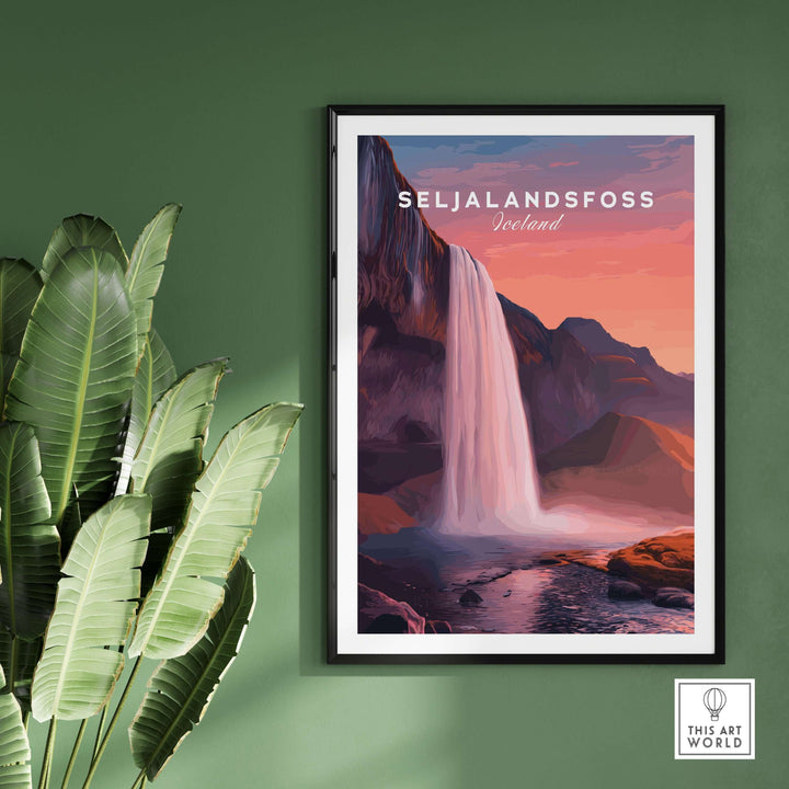 Seljalandsfoss Poster Iceland Wall Art featuring a vibrant depiction of the iconic waterfall in a stylish frame.