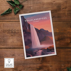 Seljalandsfoss Poster Iceland Wall Art featuring Iceland's stunning waterfall in vivid detail on a wooden background.