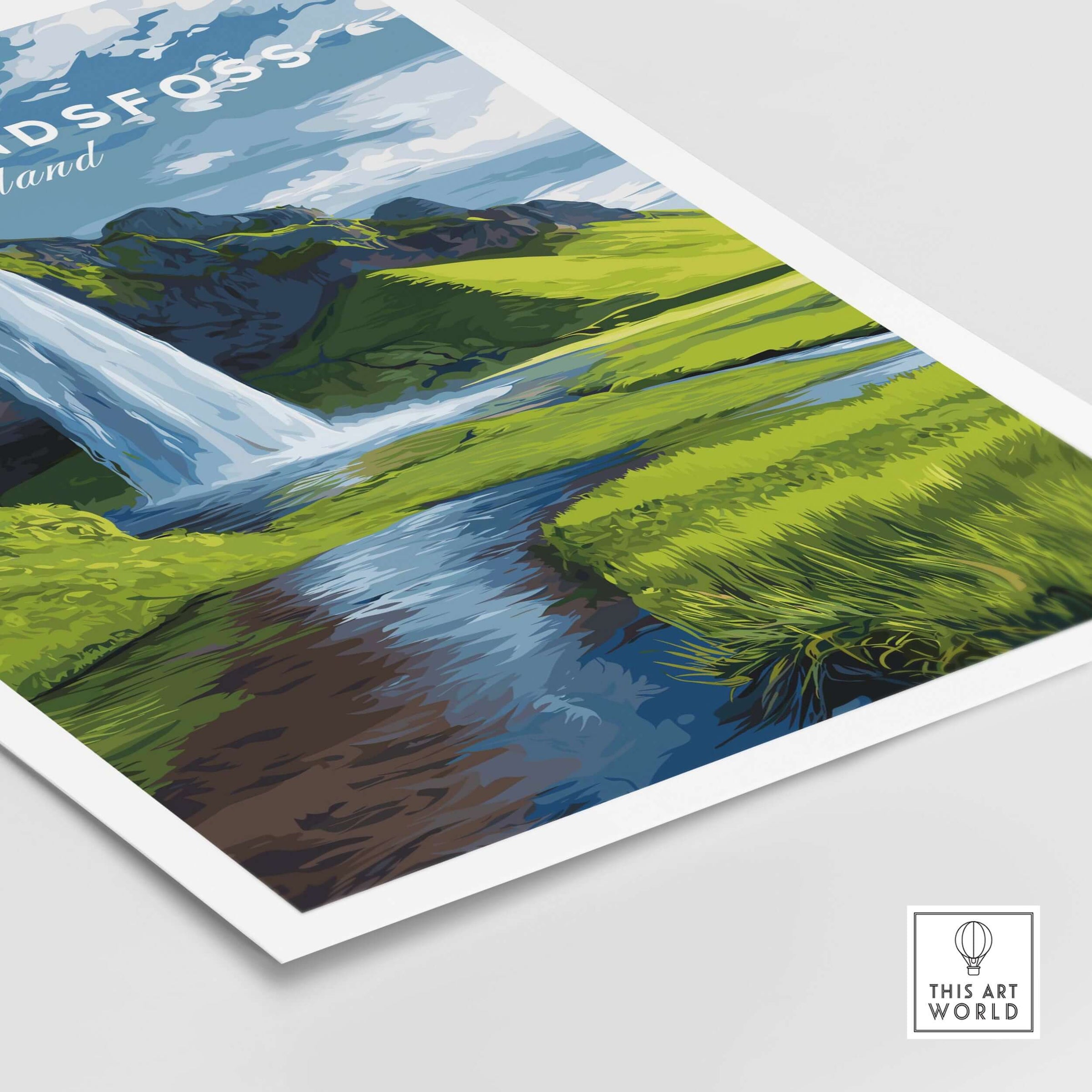 Seljalandsfoss Poster Iceland Print featuring a vibrant depiction of the waterfall and green landscape.