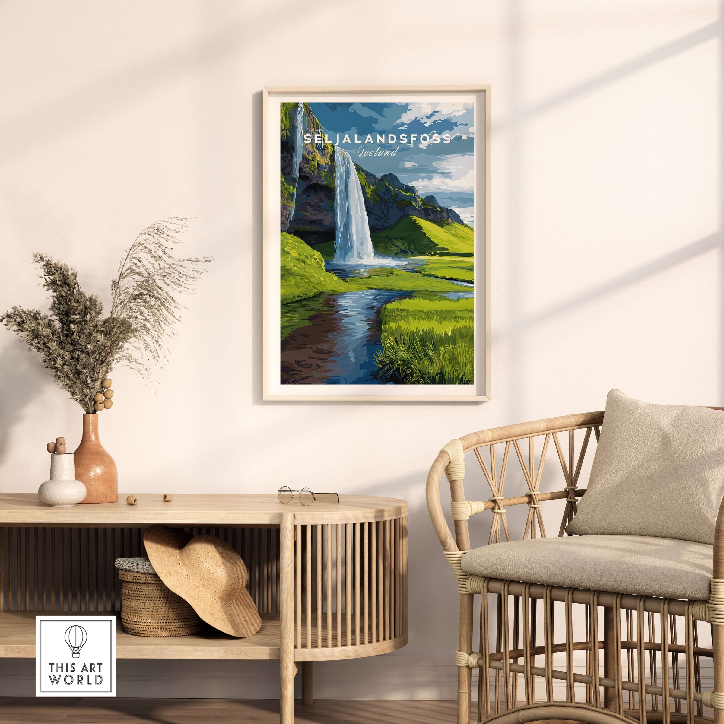 Seljalandsfoss Poster Iceland Print displayed in a cozy living room setting with natural decor.
