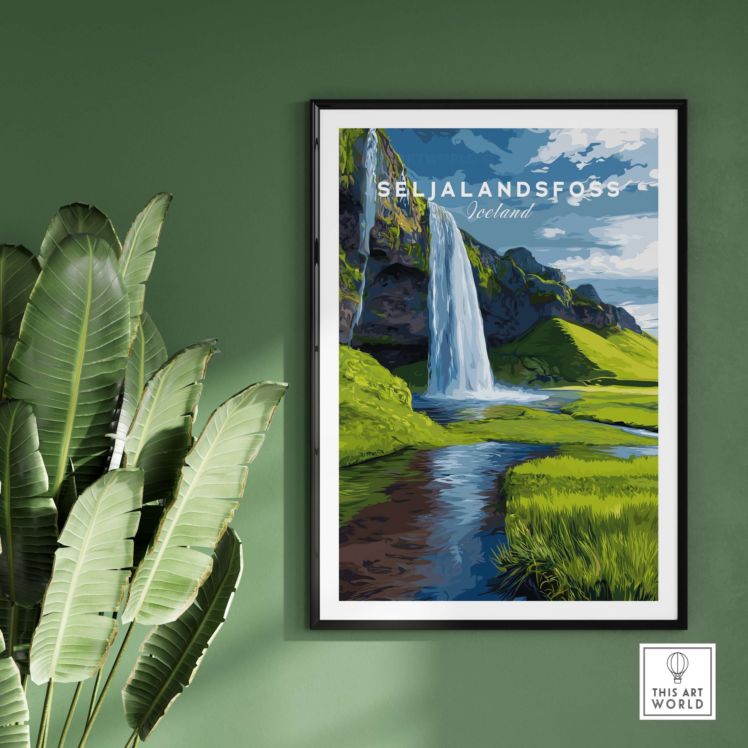Seljalandsfoss Poster Iceland Print showcasing the iconic waterfall amidst lush greenery and serene landscapes.