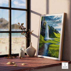 Seljalandsfoss Poster Iceland Print displayed in a cozy room, showcasing Iceland's iconic waterfall and lush landscapes.