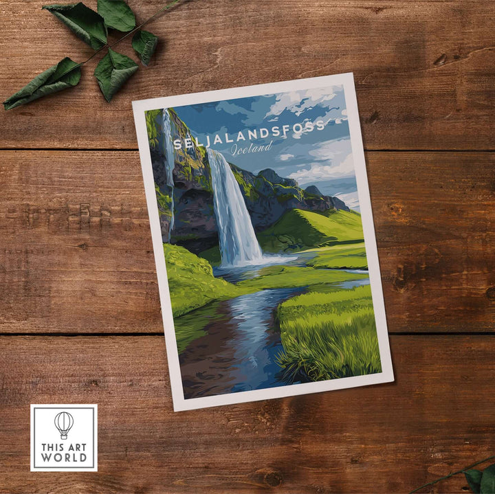 Seljalandsfoss Poster Iceland Print featuring the stunning waterfall and lush landscapes of Iceland.