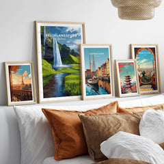 Seljalandsfoss Poster Iceland Print featured among other travel posters in a stylish home setting.