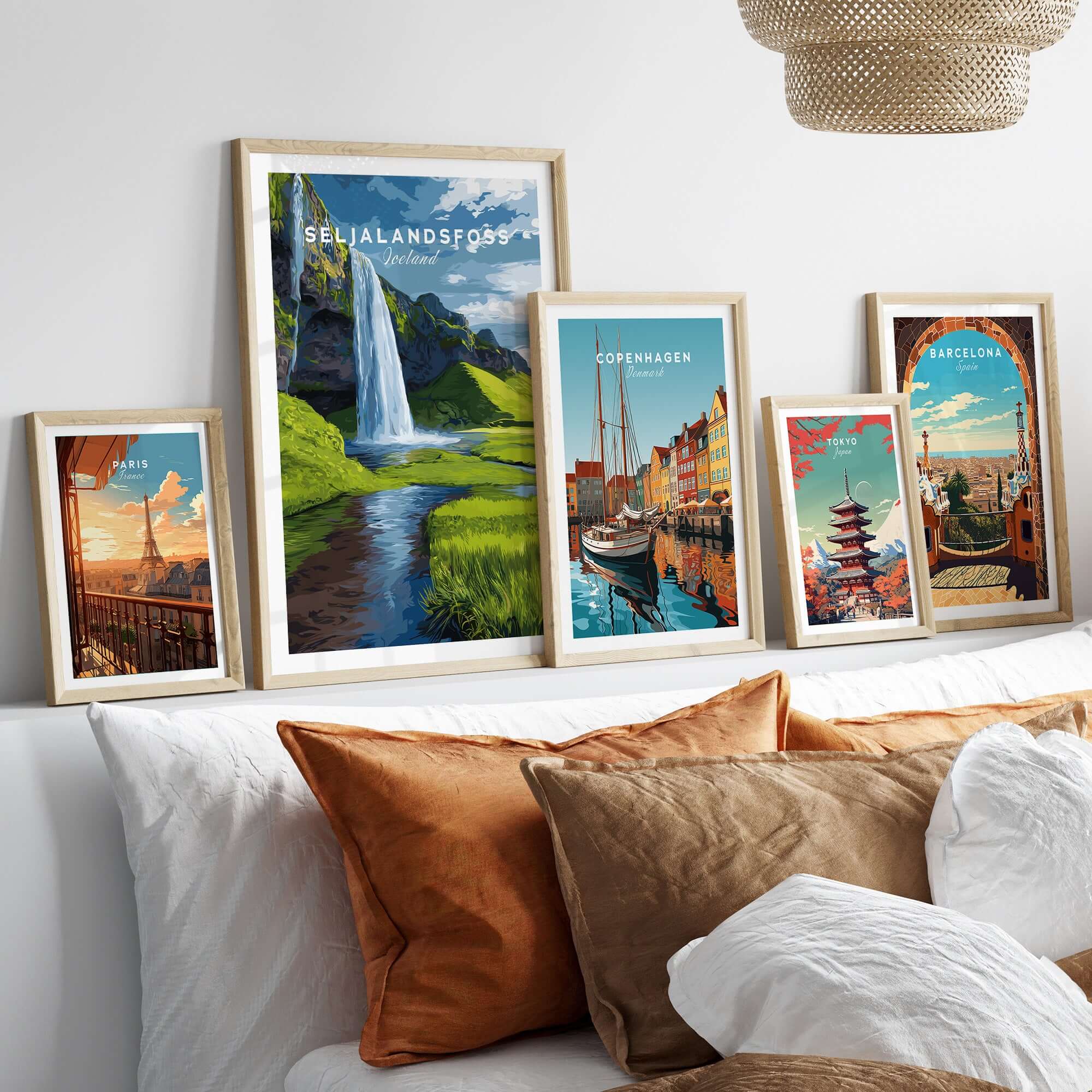 Seljalandsfoss Poster Iceland Print featured among other travel posters in a stylish home setting.