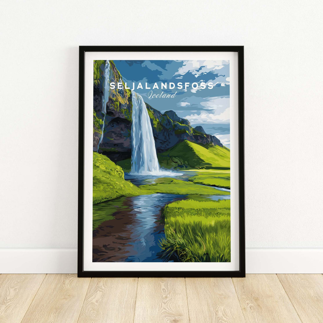 Seljalandsfoss Poster Iceland Print showcasing the iconic waterfall surrounded by lush greenery and blue skies.