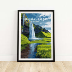 Seljalandsfoss Poster Iceland Print showcasing the iconic waterfall surrounded by lush greenery in Iceland.