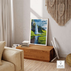 Seljalandsfoss Poster Iceland Print in a cozy living room setting with natural decor and wooden furniture.
