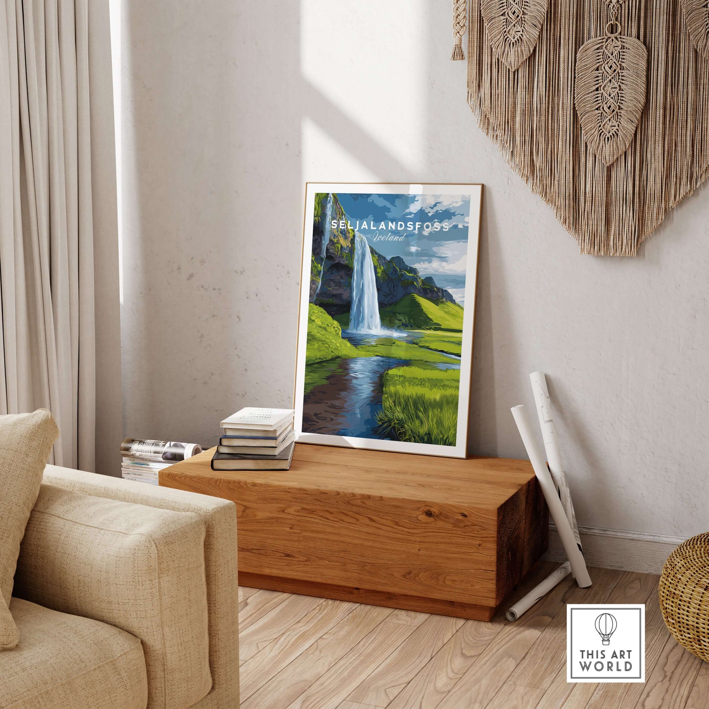 Seljalandsfoss Poster Iceland Print in a cozy living room setting with natural decor and wooden furniture.