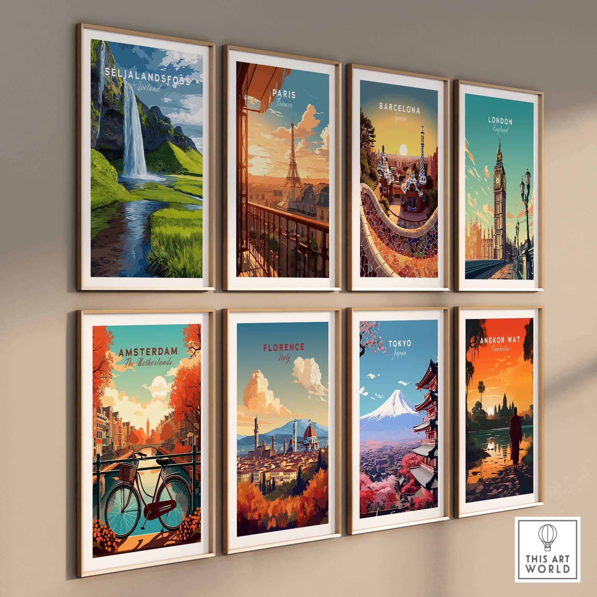 Seljalandsfoss Poster Iceland Print displayed among various city posters on a wall.