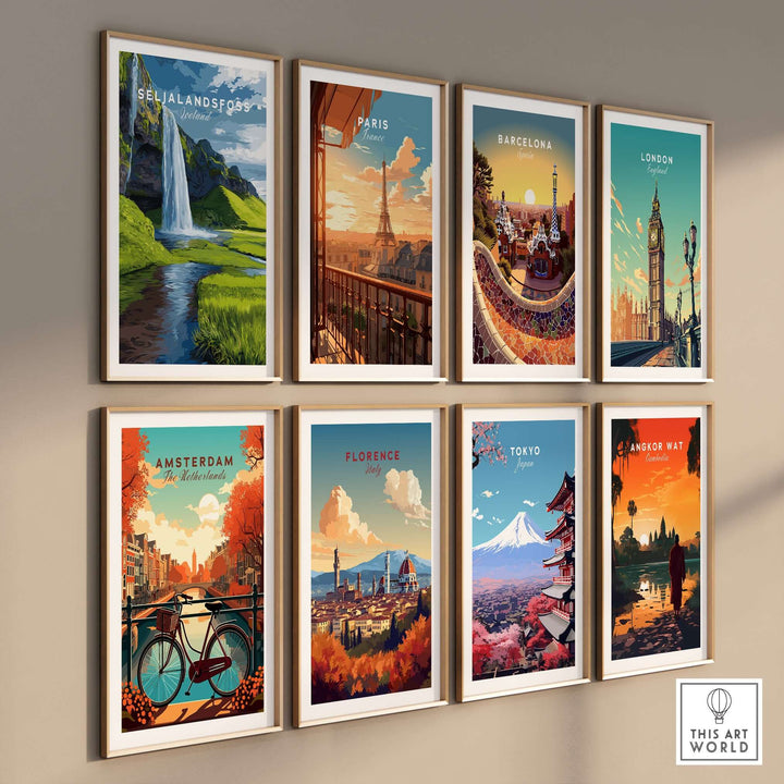 Seljalandsfoss Poster Iceland Print displayed alongside other city posters in a stylish interior setting.