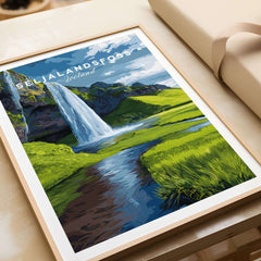Seljalandsfoss Poster Iceland Print featuring the iconic waterfall and lush landscape in a framed art piece.
