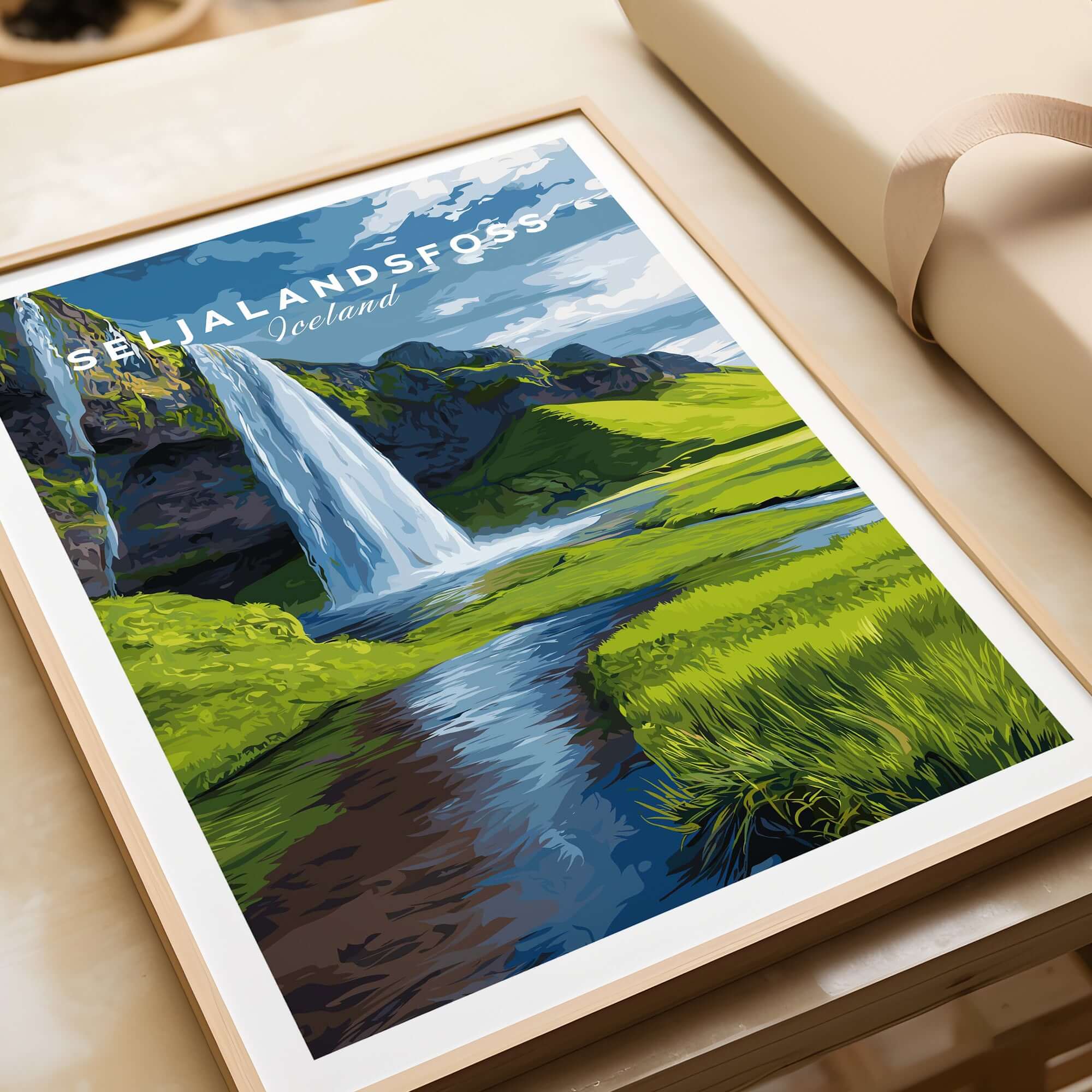 Seljalandsfoss Poster Iceland Print featuring the iconic waterfall and lush landscape in a framed art piece.