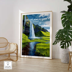Seljalandsfoss Poster Iceland Print featuring a breathtaking waterfall and lush landscape in a stylish room setting.