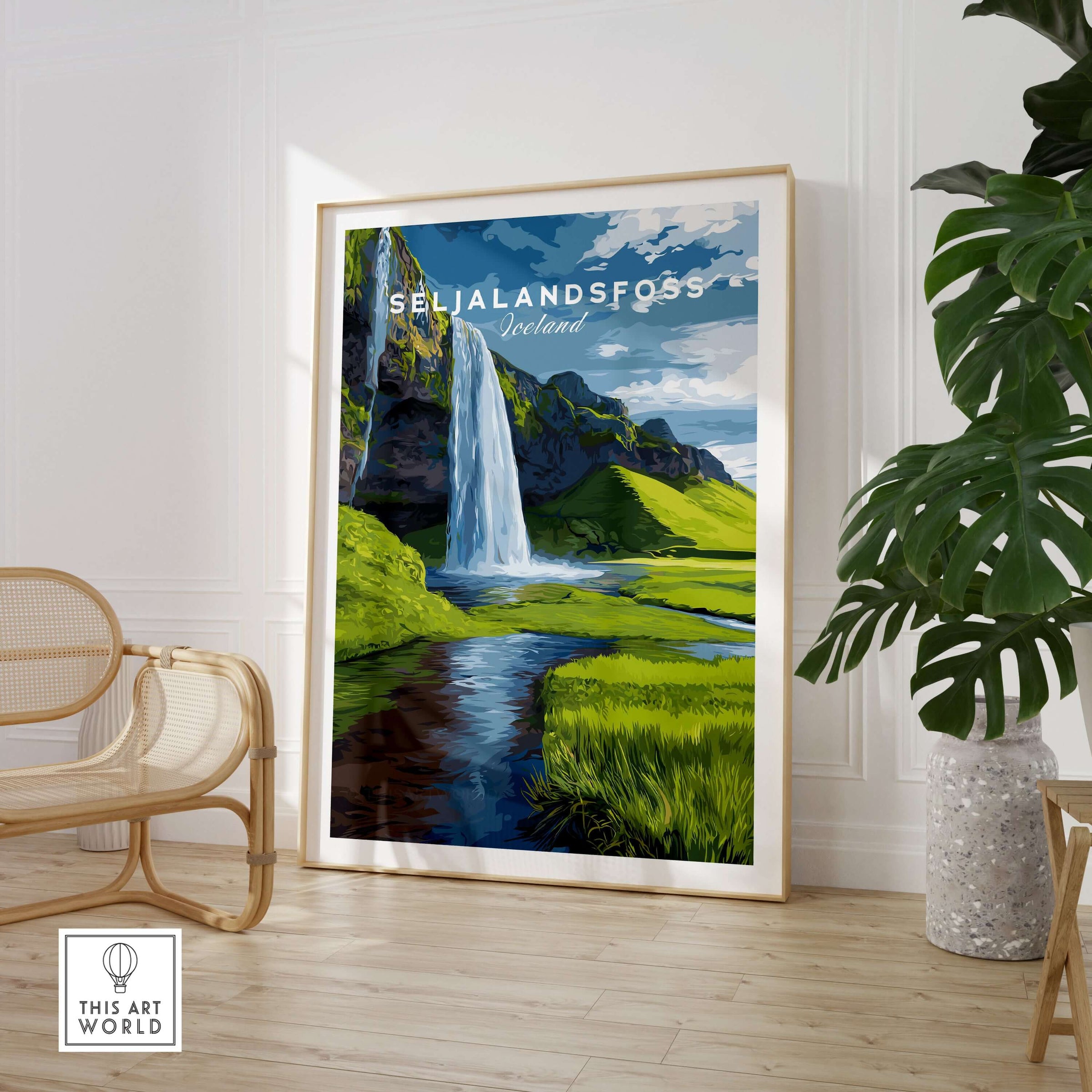 Seljalandsfoss Poster Iceland Print featuring a breathtaking waterfall and lush landscape in a stylish room setting.