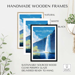Seljalandsfoss Wall Art Iceland shown in three handmade wooden frames, available in natural, white, and black finishes.