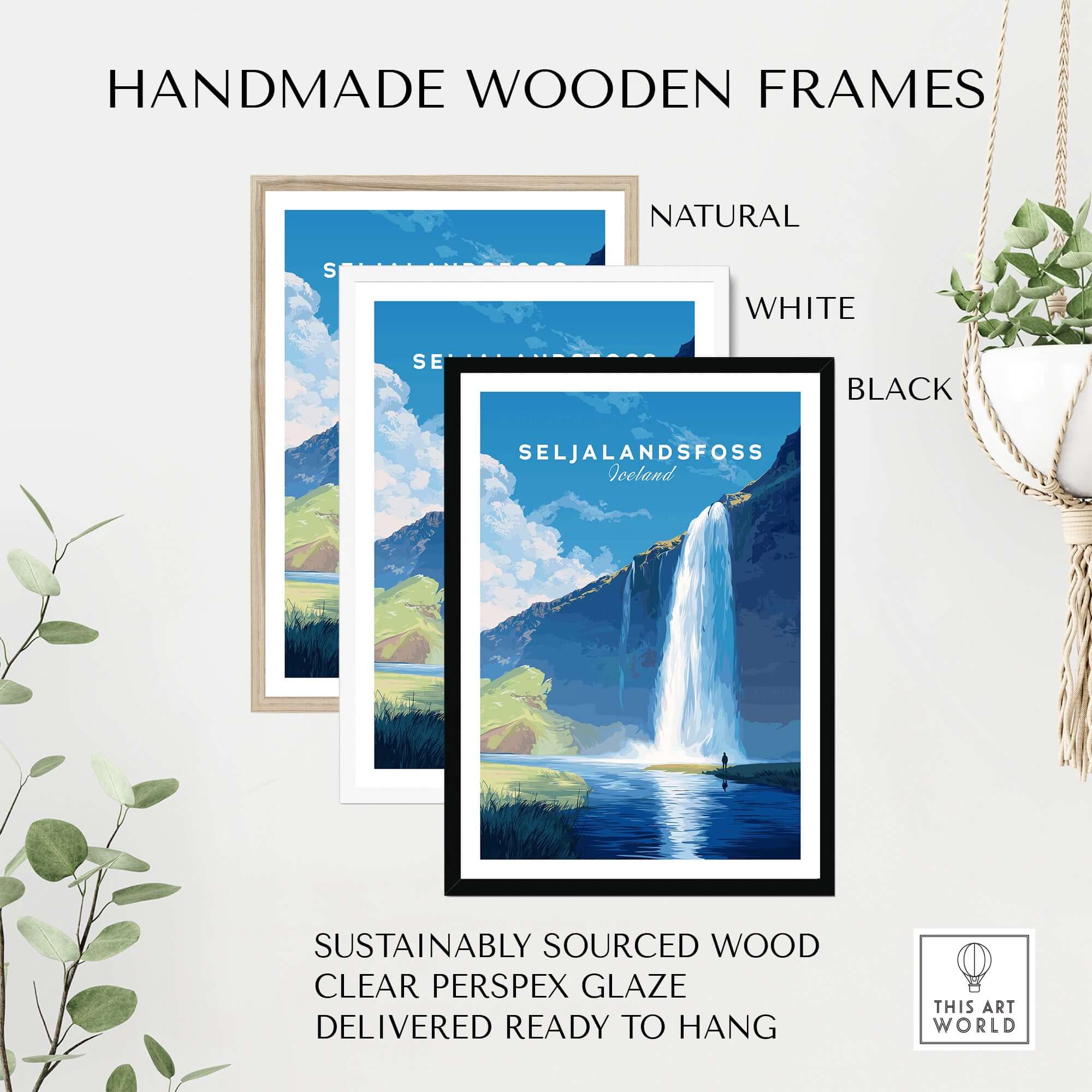 Seljalandsfoss Wall Art Iceland shown in three handmade wooden frames, available in natural, white, and black finishes.