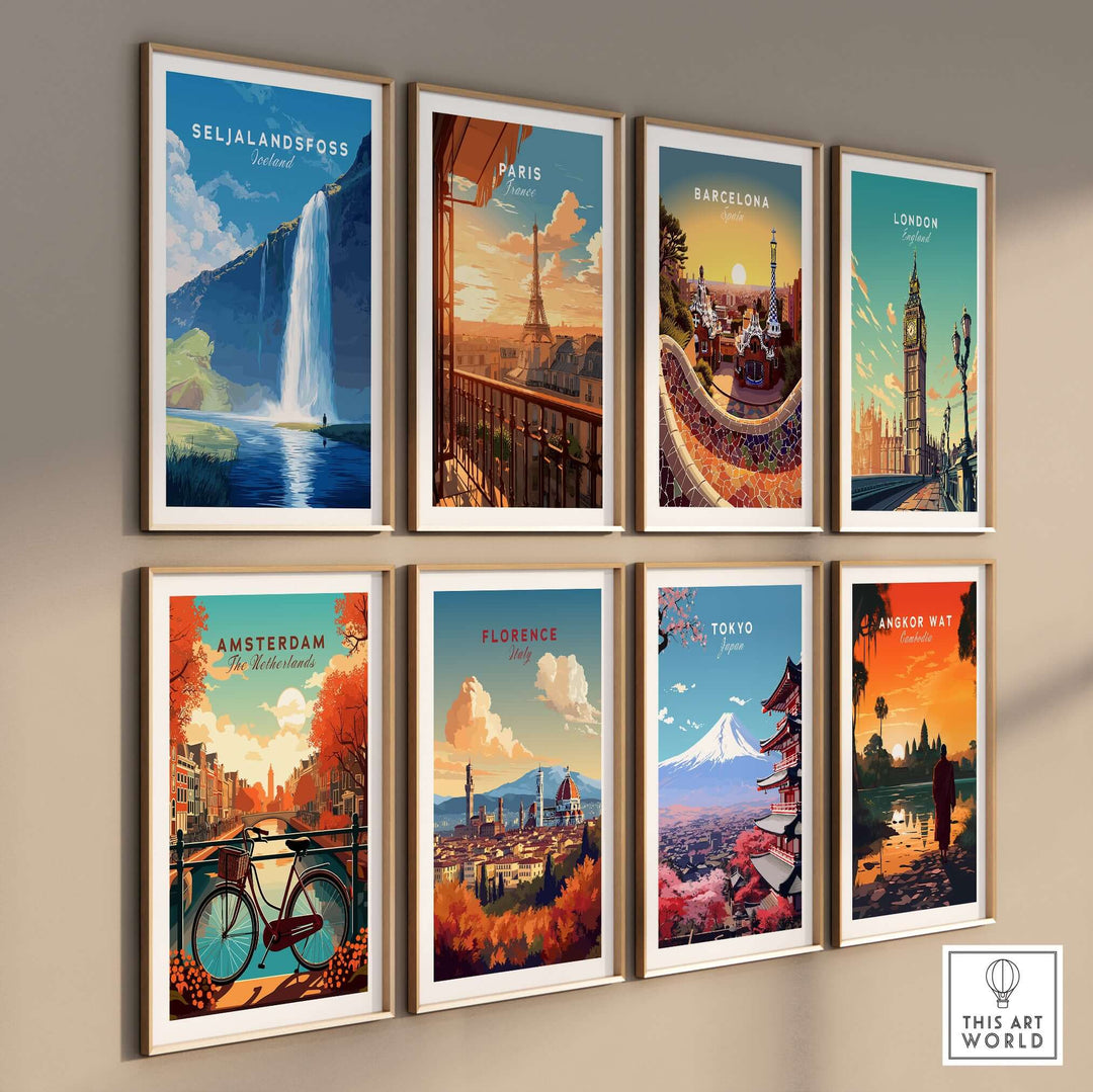 Seljalandsfoss Wall Art Iceland displayed among other cityscape wall art prints in a beautifully arranged gallery wall.