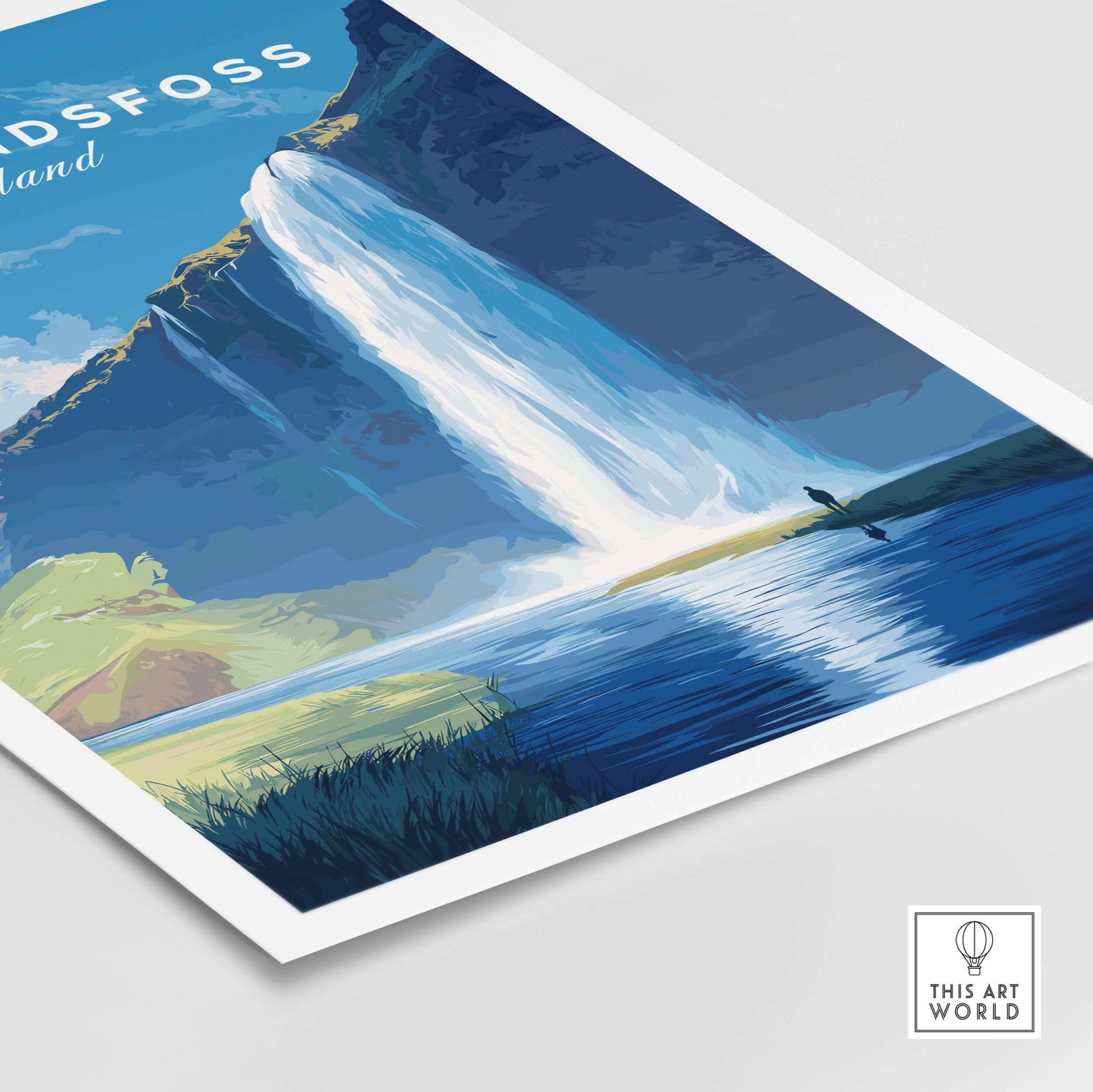 Seljalandsfoss Wall Art Iceland featuring a vibrant illustration of the iconic waterfall surrounded by lush landscapes.