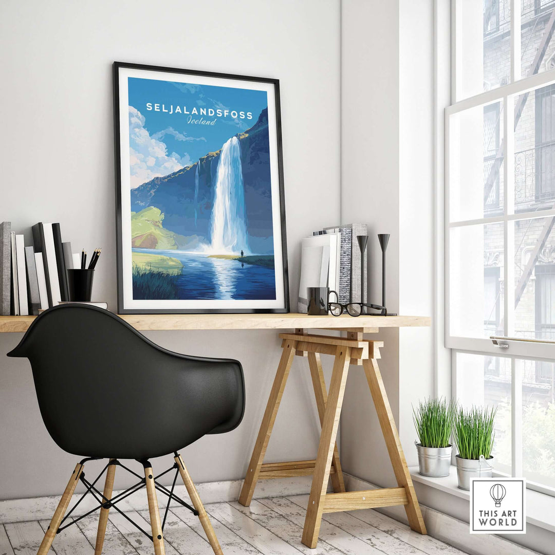 Seljalandsfoss Wall Art Iceland displayed in a modern home office setting, showcasing Iceland's stunning waterfall.
