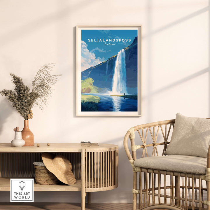 Seljalandsfoss Wall Art Iceland showcasing the stunning waterfall in a modern home setting.