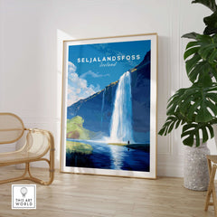 Seljalandsfoss Wall Art Iceland showcasing vibrant waterfall scenery in a modern home setting.