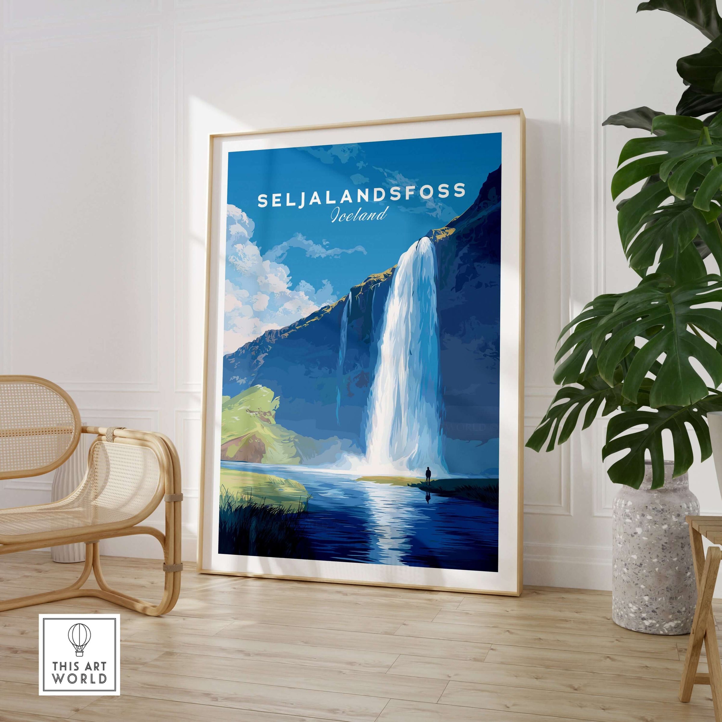 Seljalandsfoss Wall Art Iceland showcasing vibrant waterfall scenery in a modern home setting.