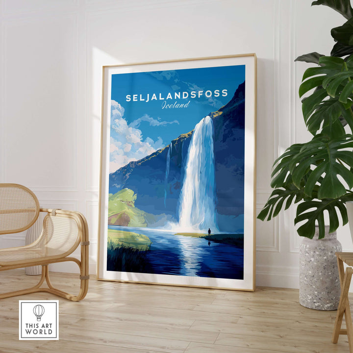 Seljalandsfoss Wall Art Iceland featuring a vibrant depiction of the iconic Icelandic waterfall.