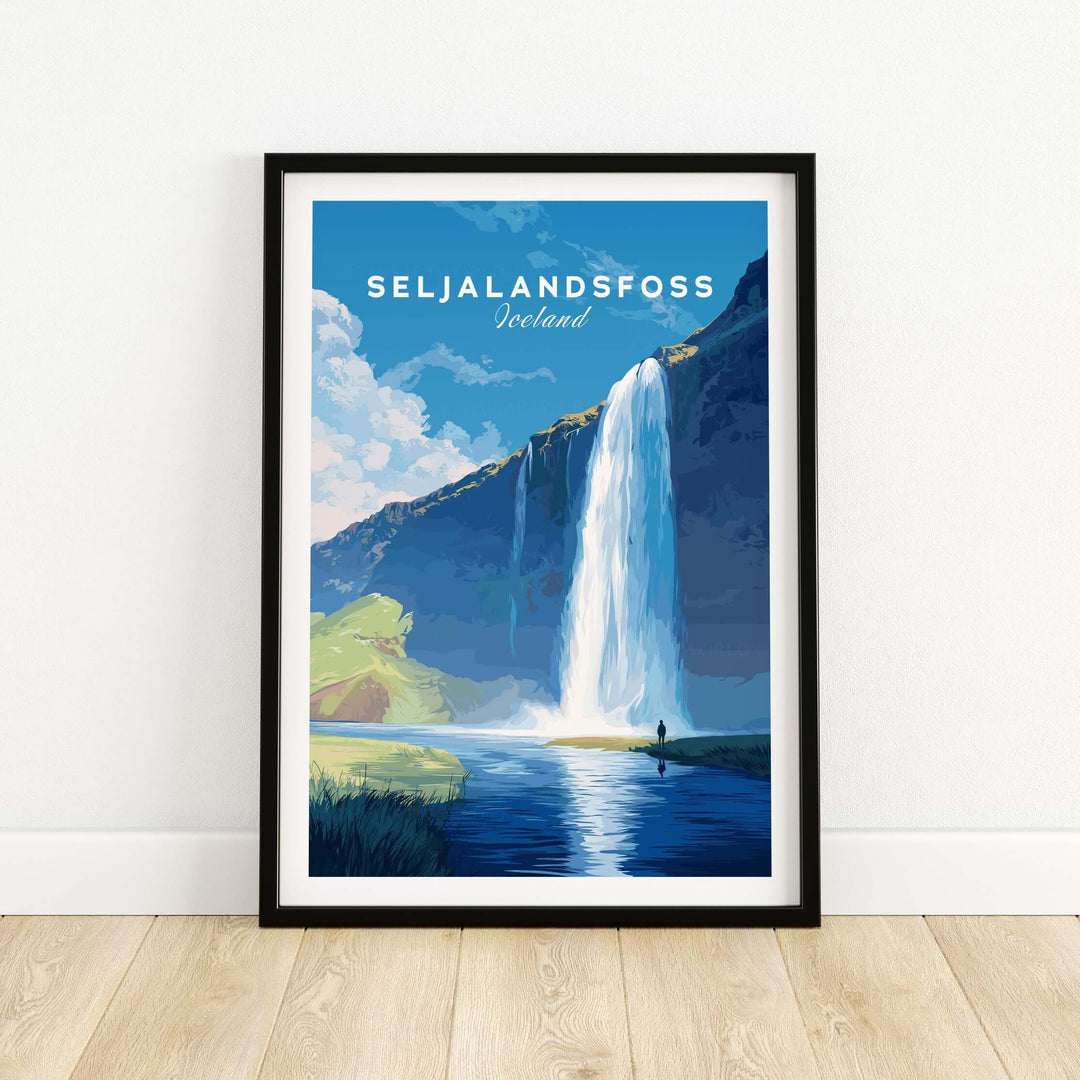 Seljalandsfoss Wall Art Iceland showcasing the stunning waterfall with vibrant colors, perfect for nature enthusiasts.