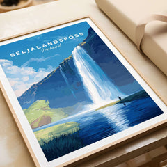 Seljalandsfoss Wall Art Iceland featuring a vibrant illustration of the famous waterfall in a framed design.