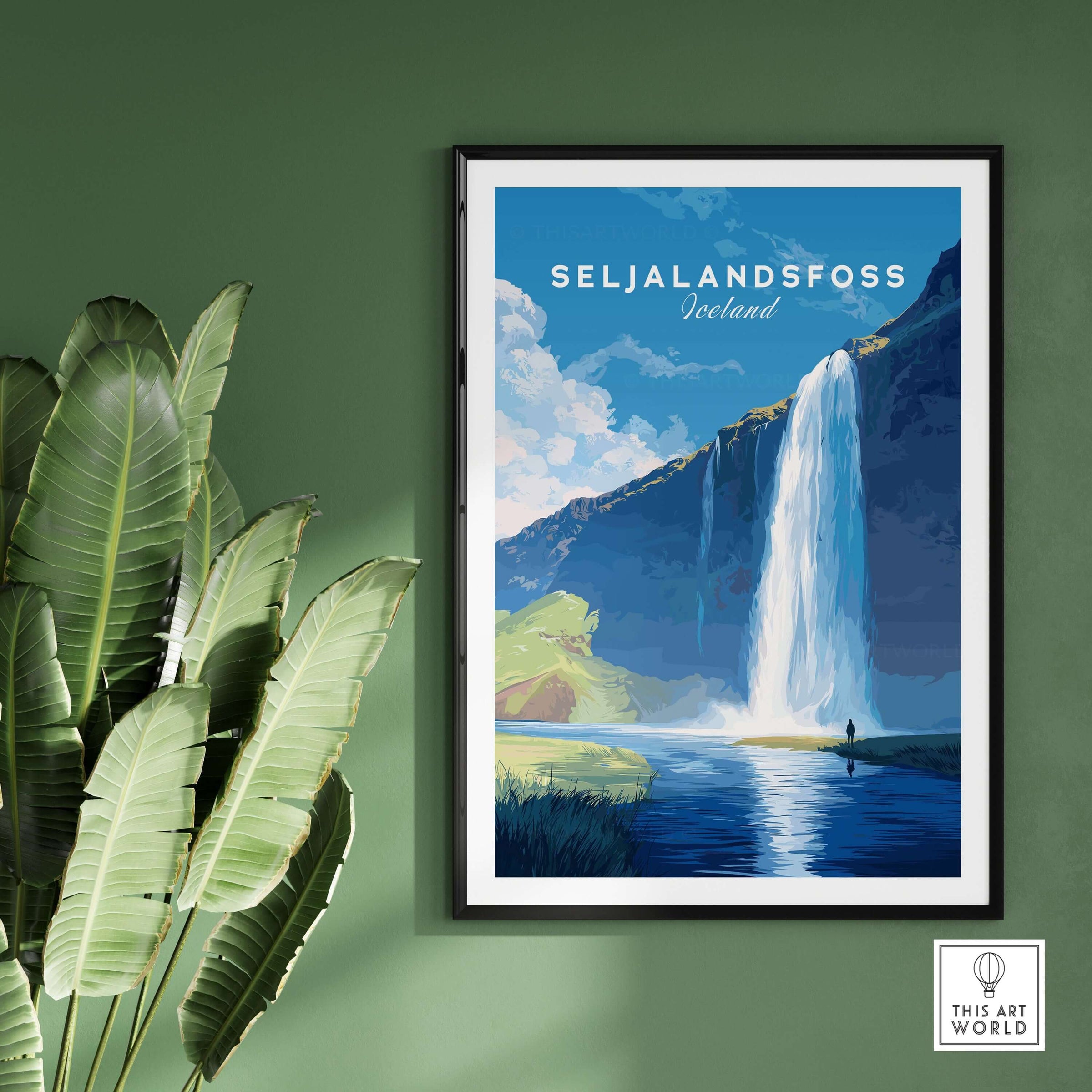 Seljalandsfoss Wall Art Iceland featuring a stunning waterfall and lush landscape in a framed print.