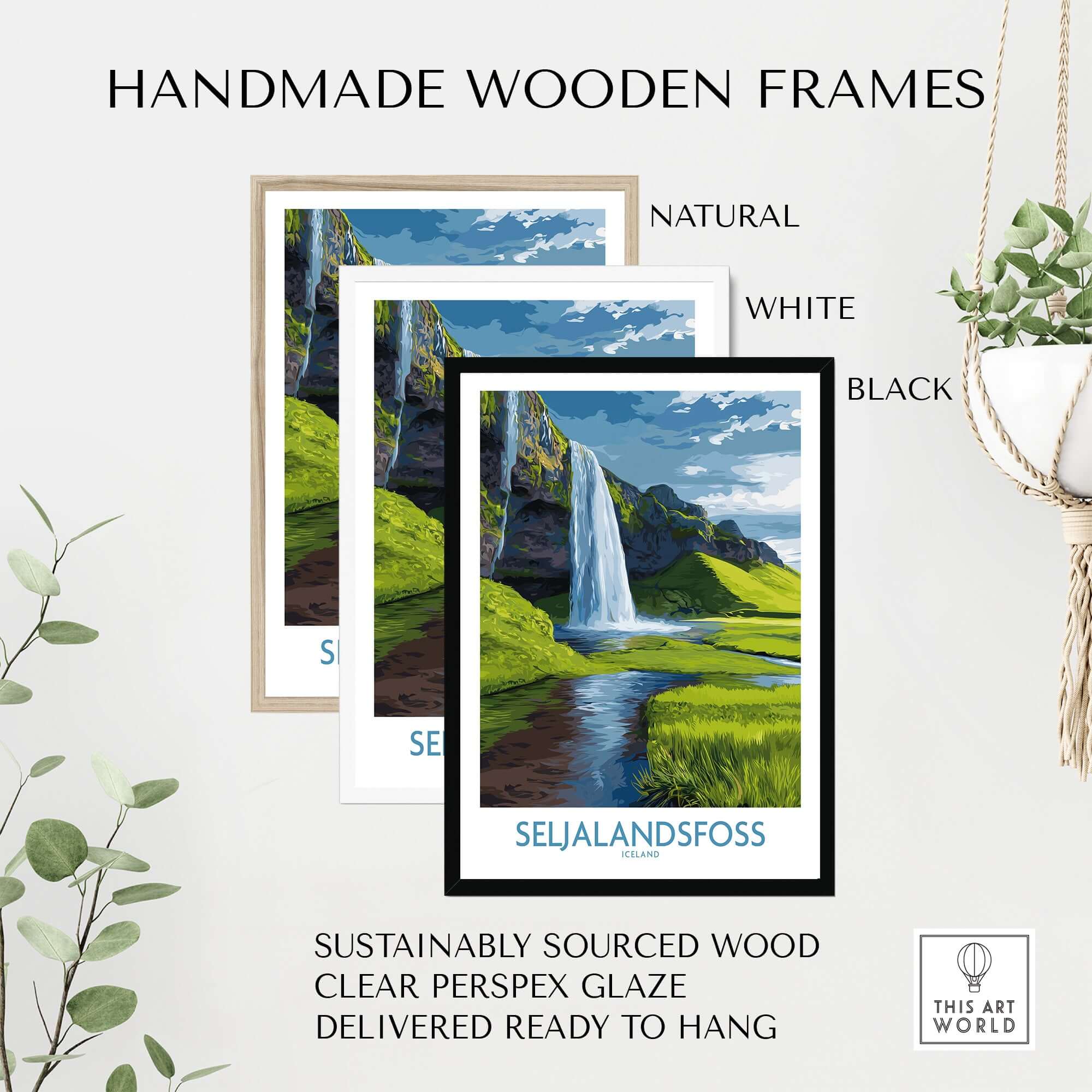 Seljalandsfoss Iceland Waterfall Art Print displayed in natural, white, and black handmade wooden frames.