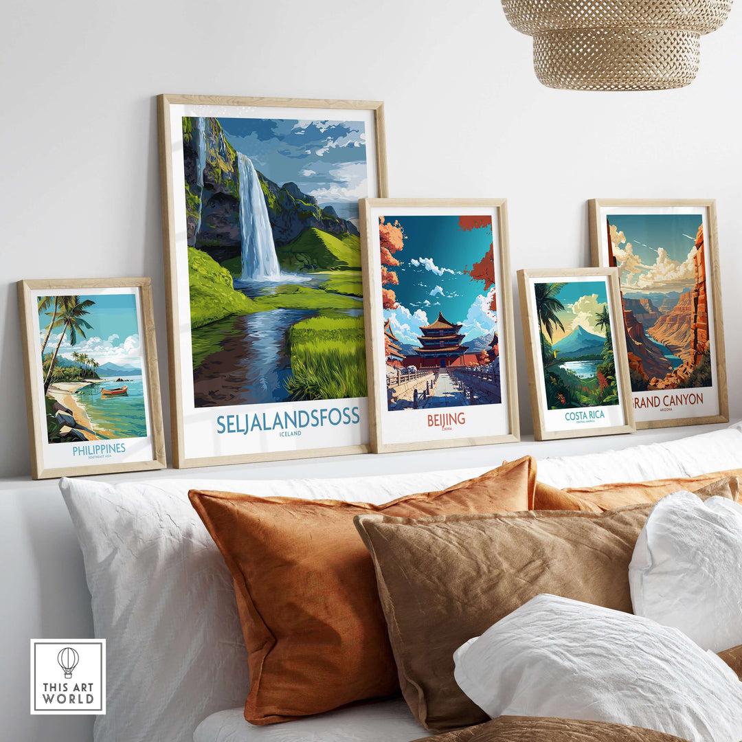 Seljalandsfoss Iceland Waterfall Art Print featured among other art prints in a cozy home setting.