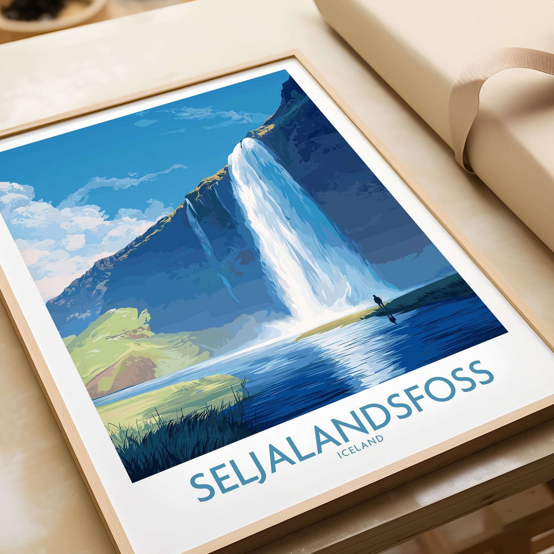 Seljalandsfoss Iceland Art Print showcasing the iconic waterfall with vibrant colors and scenic landscape.