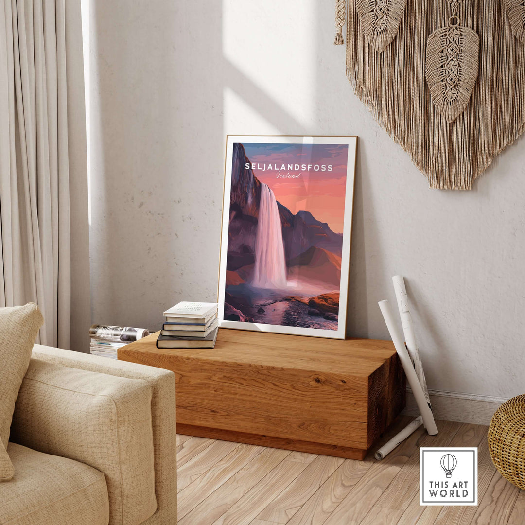 Seljalandsfoss Poster Iceland Wall Art displayed in a cozy living room setting on a wooden bench.