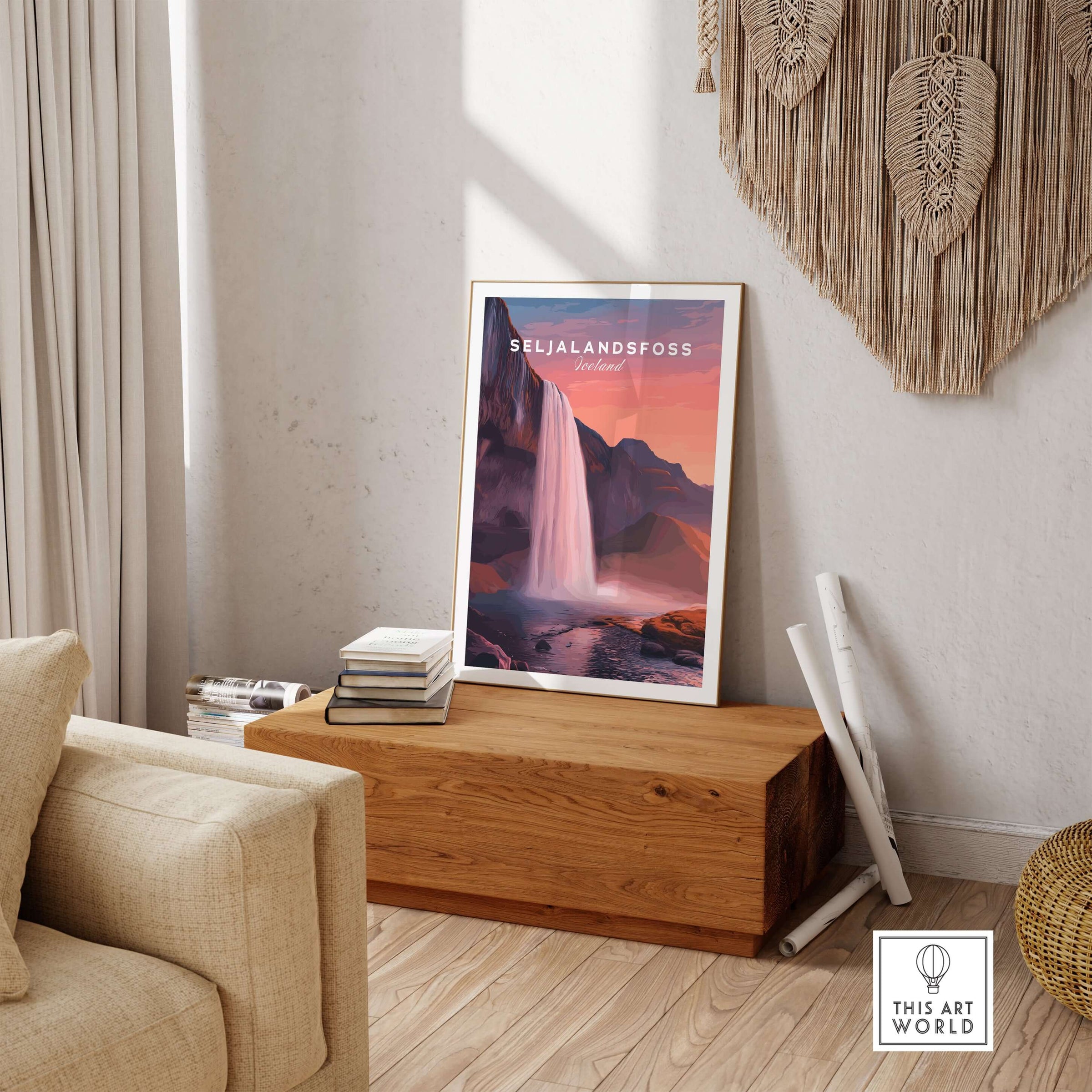 Seljalandsfoss Poster Iceland Wall Art displayed in a cozy living room setting.