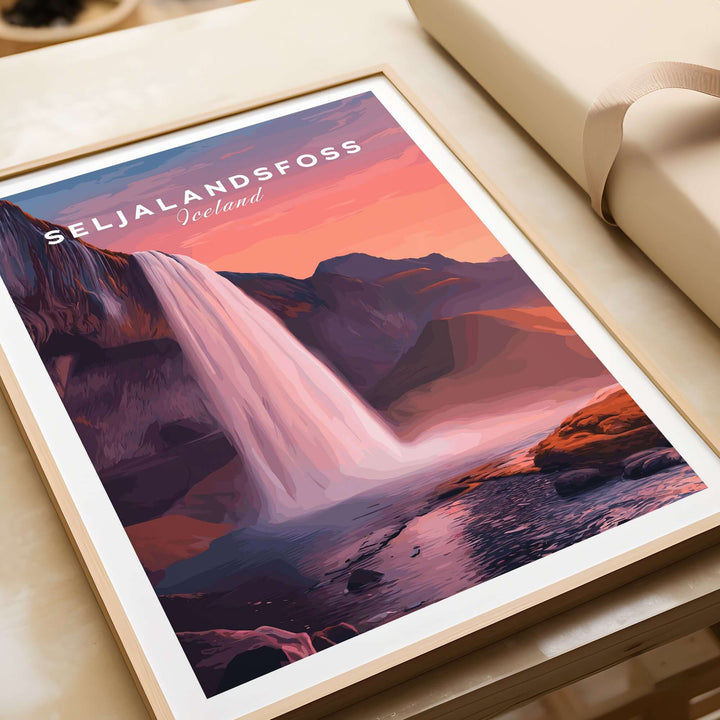 Seljalandsfoss Poster Iceland Wall Art showcasing the majestic waterfall in a vibrant landscape, perfect for home decor.