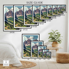 Sella Pass Poster Italy size guide featuring various frame sizes for stunning Dolomites artwork.