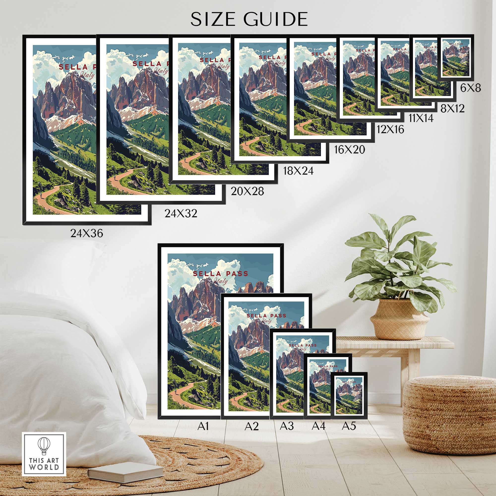 Sella Pass Poster Italy size guide featuring various frame sizes for stunning Dolomites artwork.
