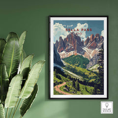 Sella Pass Poster Italy showcasing the stunning Dolomites in a vibrant display for home decor.
