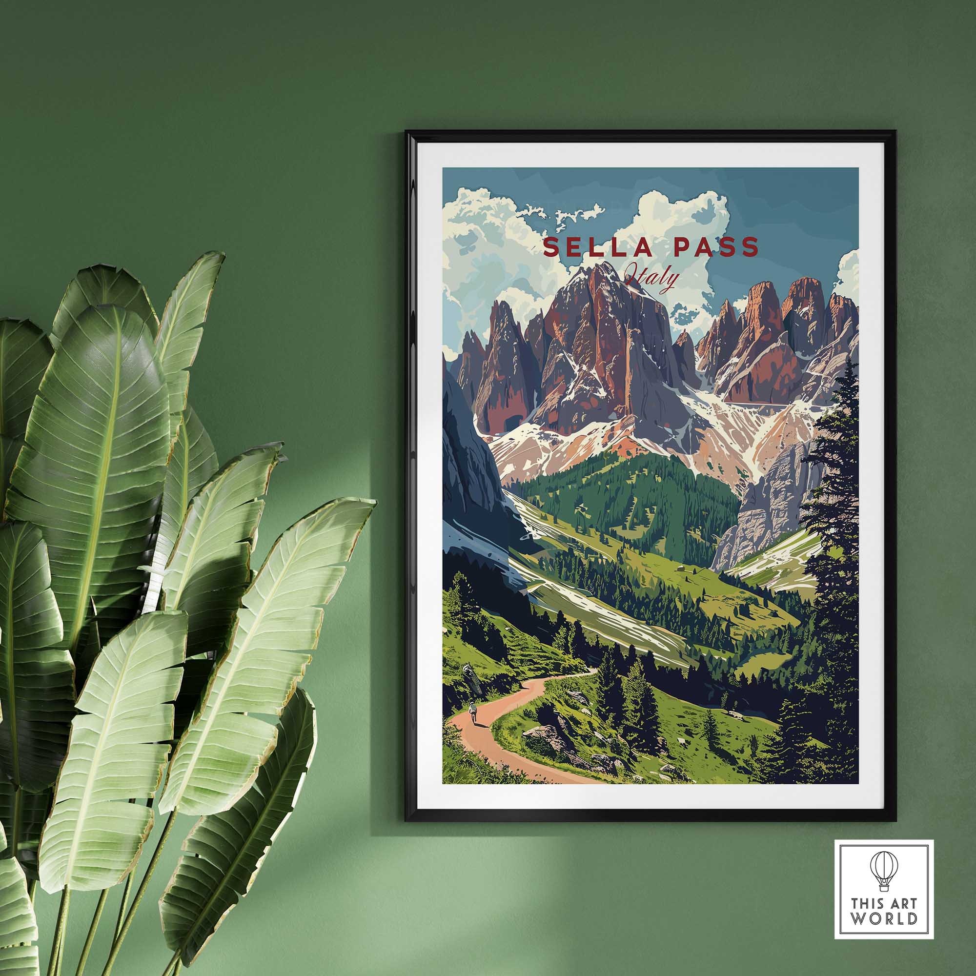 Sella Pass Poster Italy showcasing the stunning Dolomites in a vibrant display for home decor.
