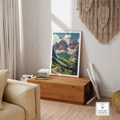 Sella Pass Poster Italy showcasing the breathtaking Dolomites in a stylish living room setting.