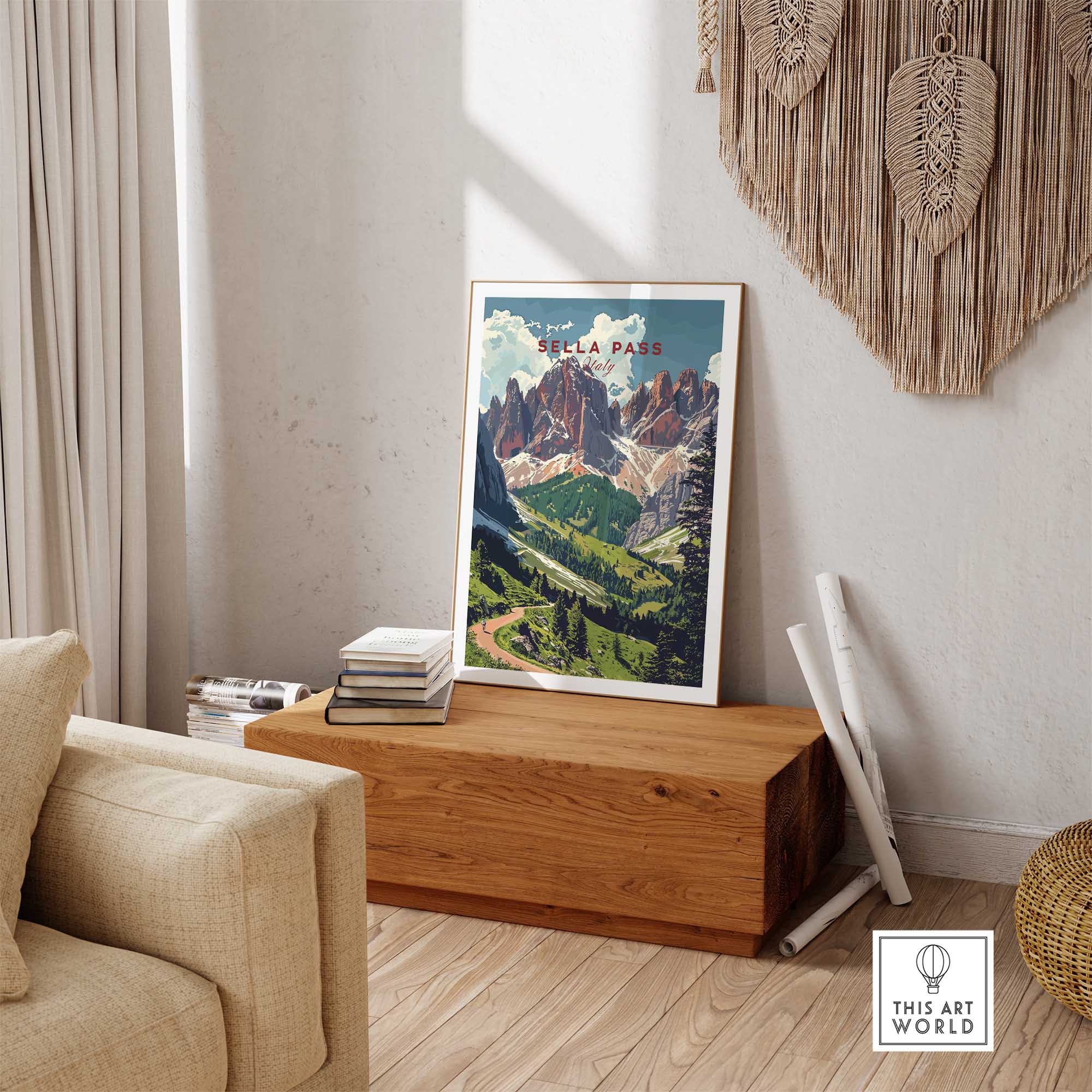Sella Pass Poster Italy showcasing the breathtaking Dolomites in a stylish living room setting.
