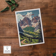 Sella Pass Poster Italy depicting the stunning Dolomites in vibrant colors on a rustic wooden background.