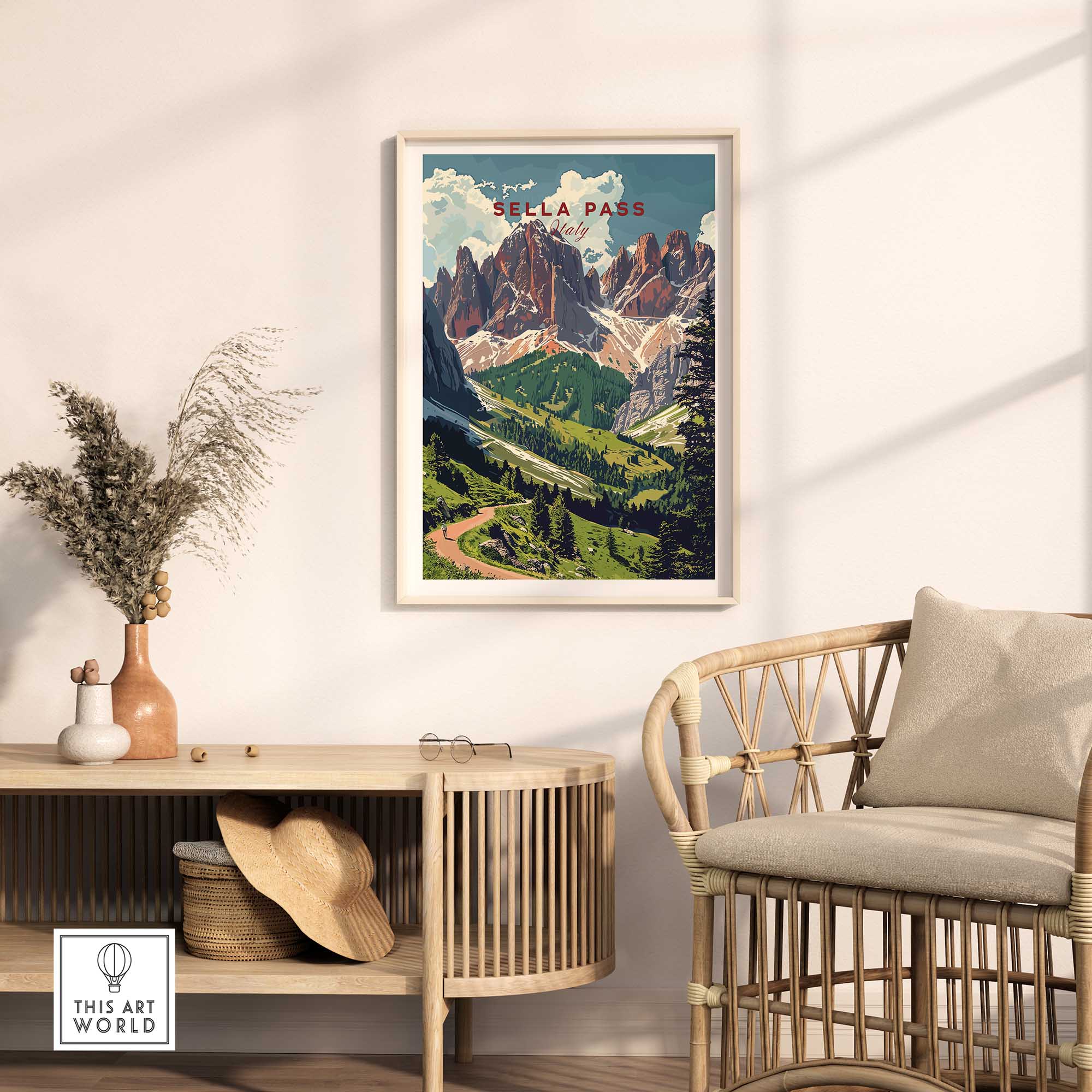 Sella Pass Poster Italy displayed in a stylish living room setting with mountain scenery and decor.